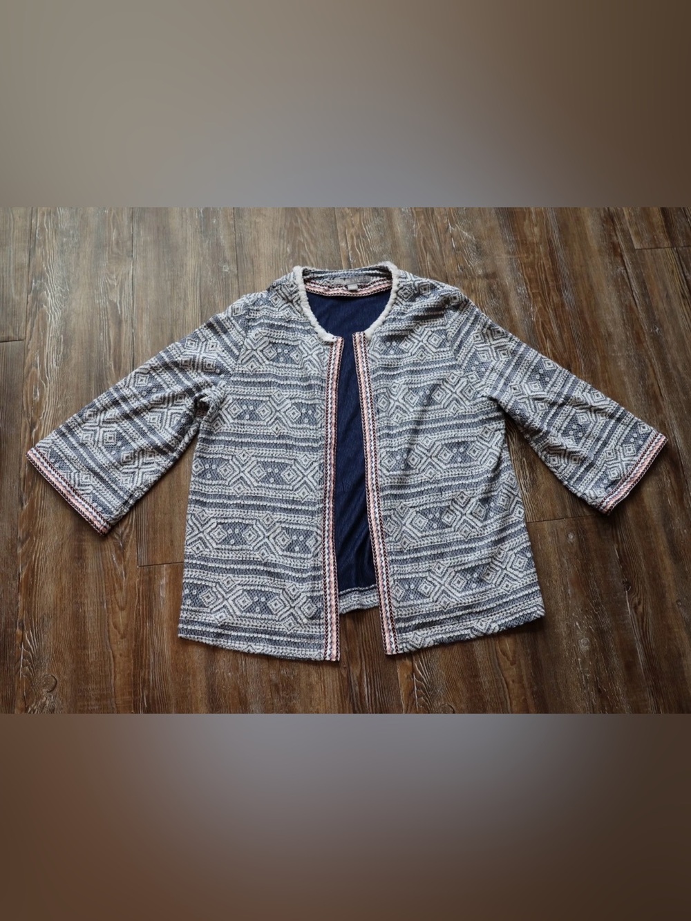 Valerie Stevens Geometric Boho Open Front Cardigan Frayed Trim Jacket Womens L